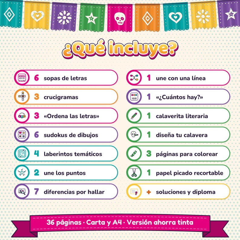Lista «¿Qué incluye?» con íconos y el número de actividades de cada tipo: 6 sopas de letras, 3 crucigramas, 6 sudokus de dibujos, 4 laberintos, 7 diferencias, 3 páginas para colorear y más; abajo, «36 páginas · Carta y A4 · Versión ahorra tinta».
