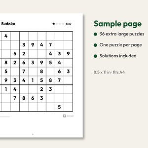 Puede incluir: Una p&aacute;gina de rompecabezas Sudoku etiquetada como 13 con un nivel de dificultad f&aacute;cil. La cuadr&iacute;cula contiene n&uacute;meros negros sobre un fondo blanco. El texto a la derecha enumera 36 rompecabezas extra grandes, uno por p&aacute;gina, soluciones incluidas y 21,59 x 27,94 cm cabe en A4.