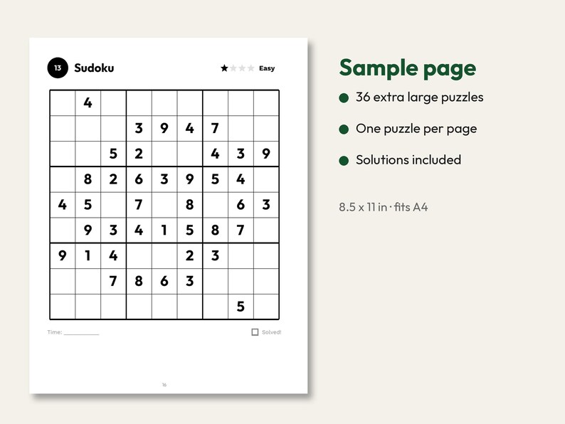 Puede incluir: Una p&aacute;gina de rompecabezas Sudoku etiquetada como 13 con un nivel de dificultad f&aacute;cil. La cuadr&iacute;cula contiene n&uacute;meros negros sobre un fondo blanco. El texto a la derecha enumera 36 rompecabezas extra grandes, uno por p&aacute;gina, soluciones incluidas y 21,59 x 27,94 cm cabe en A4.