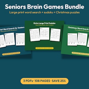 May include: A Seniors Brain Games Bundle featuring large print word search, sudoku, and Christmas puzzles. The collection includes three PDF sets with 108 pages total, displayed on blue and green backgrounds with white text and printable puzzle sheets.