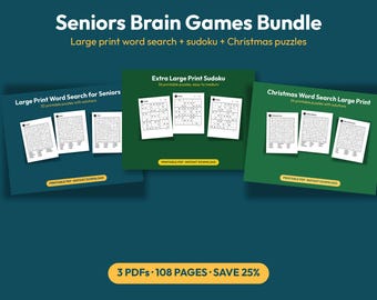 Puede incluir: Un paquete de juegos mentales para personas mayores con sopas de letras, sudokus y rompecabezas navideños en letra grande. La colección incluye tres archivos PDF con 108 páginas en total, sobre fondos azules y verdes con texto en blanco.