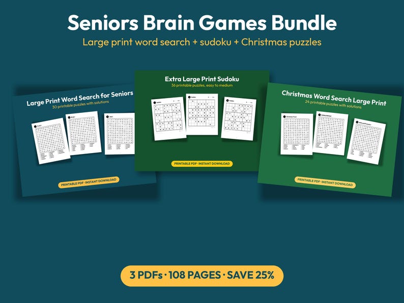 May include: A Seniors Brain Games Bundle featuring large print word search, sudoku, and Christmas puzzles. The collection includes three PDF sets with 108 pages total, displayed on blue and green backgrounds with white text and printable puzzle sheets.