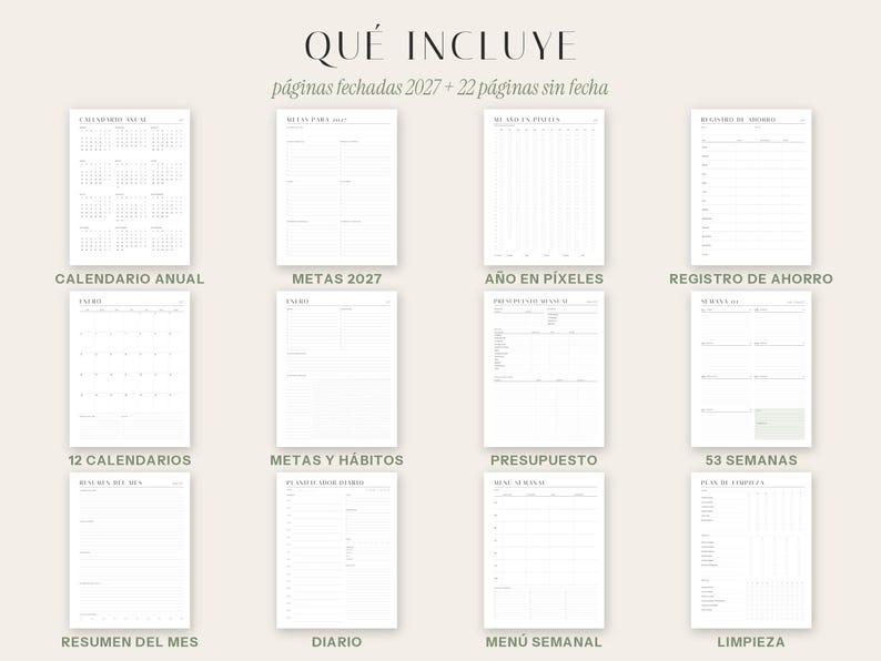 May include: A digital planner layout featuring twelve white pages with black text. The header reads QU&Eacute; INCLUYE, p&aacute;ginas fechadas 2027 + 22 p&aacute;ginas sin fecha. The grid displays various templates including annual calendars, goal trackers, budget sheets, and weekly logs.