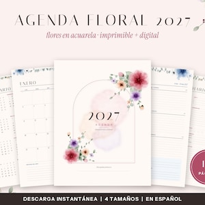 Puede incluir: Una agenda floral 2027 con ilustraciones de flores en acuarela, p&aacute;ginas de calendario y dise&ntilde;os de planificaci&oacute;n diaria. La portada muestra el texto AGENDA FLORAL 2027 y 131 P&Aacute;GINAS. El dise&ntilde;o incluye formas pastel suaves y detalles bot&aacute;nicos.