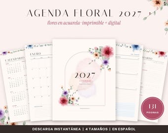 2027 Spansk blomsterplanerare, akvarellblommor, vanebok (digital nedladdning)