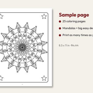 May include: A black and white coloring page featuring a circular mandala design with Christmas trees, bells, and stars. Text reads: Sample page, 25 coloring pages, Mandalas + big easy designs, Print as many times as you like, 8.5 x 11 in fits A4.