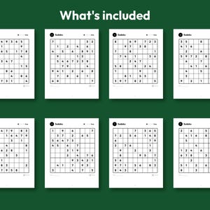 Puede incluir: Ocho p&aacute;ginas rectangulares blancas con cuadr&iacute;culas de Sudoku negras dispuestas en dos filas de cuatro. Cada p&aacute;gina muestra el texto 'Sudoku' en la parte superior, una cuadr&iacute;cula de rompecabezas numerada y un nivel de dificultad.