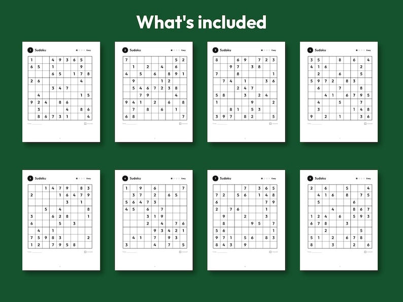 Puede incluir: Ocho p&aacute;ginas rectangulares blancas con cuadr&iacute;culas de Sudoku negras dispuestas en dos filas de cuatro. Cada p&aacute;gina muestra el texto 'Sudoku' en la parte superior, una cuadr&iacute;cula de rompecabezas numerada y un nivel de dificultad.
