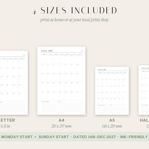 May include: A digital calendar template set featuring four sizes: US Letter 8.5 x 11 in, A4 210 x 297 mm, A5 148 x 210 mm, and Half Letter 5.5 x 8.5 in. The pages show a January monthly grid with Monday or Sunday start options for 2027.