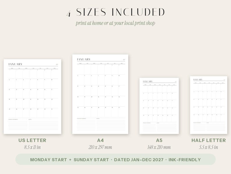 May include: A digital calendar template set featuring four sizes: US Letter 8.5 x 11 in, A4 210 x 297 mm, A5 148 x 210 mm, and Half Letter 5.5 x 8.5 in. The pages show a January monthly grid with Monday or Sunday start options for 2027.