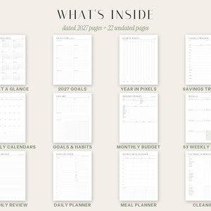 May include: A digital planner layout featuring twelve white pages with black text and grid lines. The header reads WHAT'S INSIDE dated 2027 pages + 22 undated pages. Sections include Year at a Glance, 2027 Goals, Year in Pixels, Savings Tracker, Monthly Calendars, Goals & Habits, Monthly Budget, Weekly Pages, Monthly Review, Daily Planner, Meal Planner, and Cleaning Schedule.