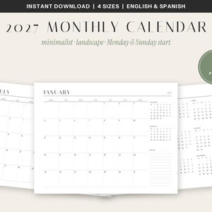 Minimalistisk landskapskalender 2027, start måndag/söndag, engelska/spanska (PDF) bild 1