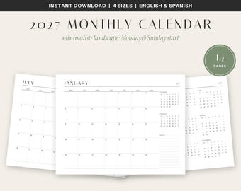 2027 Minimalist Landscape Calendar, Monday/Sunday Start, English/Spanish (PDF)
