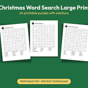 May include: Three white pages featuring Christmas Word Search Large Print puzzles with black text and grids. The titles include Christmas Tree I, Holiday Baking I, and Gifts and Presents I. The bottom of the image displays the text Printable PDF Instant Download.