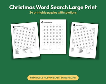 Könnte beinhalten: Drei weiße Seiten mit Weihnachts-Wortsuchrätseln in Großdruck mit schwarzem Text und Gittern. Die Titel lauten Christmas Tree I, Holiday Baking I und Gifts and Presents I. Am unteren Rand steht der Text Printable PDF Instant Download.