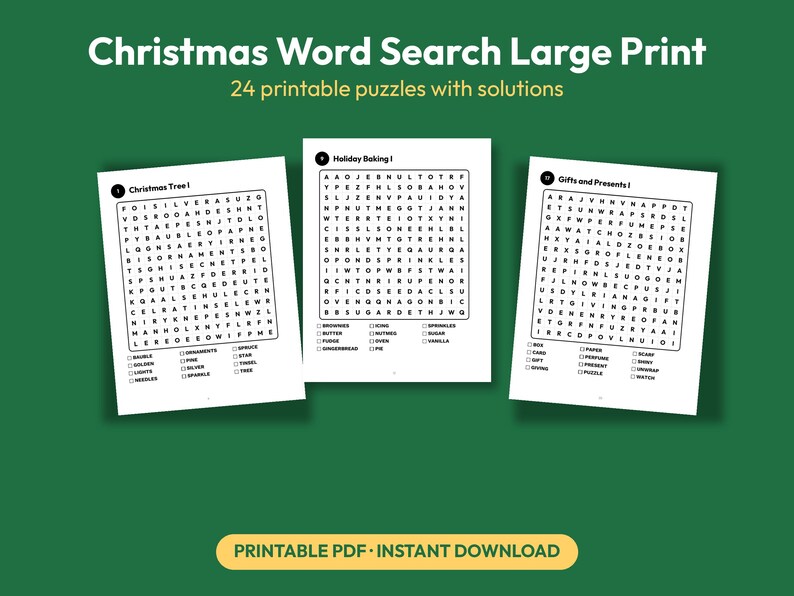 May include: Three white pages featuring Christmas Word Search Large Print puzzles with black text and grids. The titles include Christmas Tree I, Holiday Baking I, and Gifts and Presents I. The bottom of the image displays the text Printable PDF Instant Download.