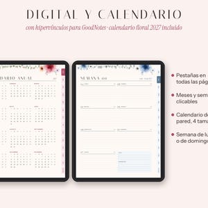 Puede incluir: Un planificador digital en dos pantallas con un calendario anual floral para 2027 y una vista semanal. El texto incluye "DIGITAL Y CALENDARIO", "con hiperv&iacute;nculos para GoodNotes", "calendario floral 2027 incluido" y listas de caracter&iacute;sticas.