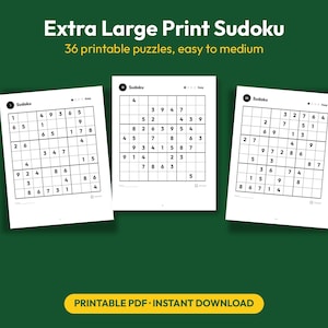 Puede incluir: Tres p&aacute;ginas blancas con cuadr&iacute;culas de Sudoku negras sobre un fondo verde oscuro. El texto dice Extra Large Print Sudoku, 36 printable puzzles, easy to medium y Printable PDF Instant Download. Cada p&aacute;gina muestra una cuadr&iacute;cula numerada.
