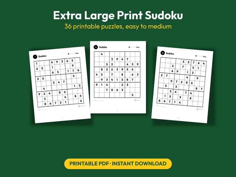 Puede incluir: Tres p&aacute;ginas blancas con cuadr&iacute;culas de Sudoku negras sobre un fondo verde oscuro. El texto dice Extra Large Print Sudoku, 36 printable puzzles, easy to medium y Printable PDF Instant Download. Cada p&aacute;gina muestra una cuadr&iacute;cula numerada.
