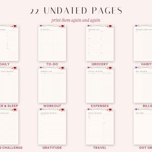May include: A set of 22 undated planner pages featuring floral headers in purple, pink, and orange. The pages include templates for daily planning, to-do lists, grocery lists, habit tracking, water and sleep, workouts, expenses, bills, savings, gratitude, travel, and dot grids.