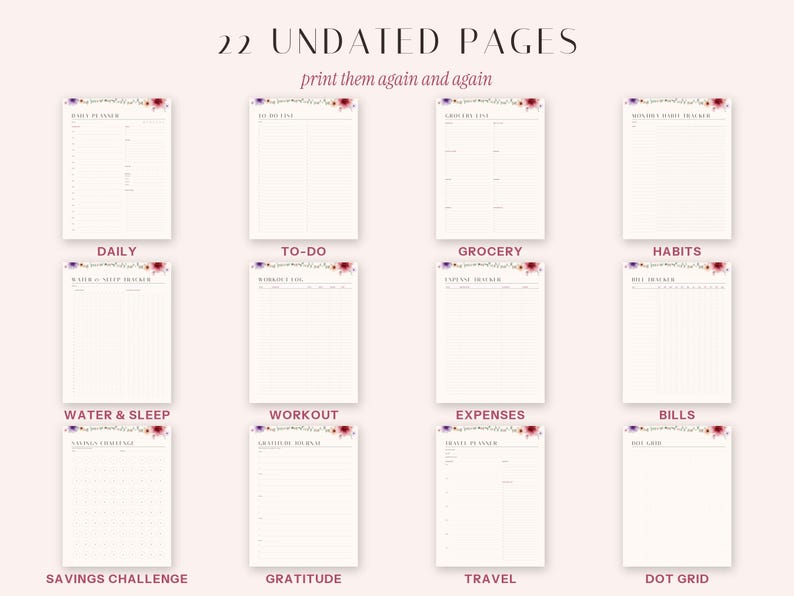 May include: A set of 22 undated planner pages featuring floral headers in purple, pink, and orange. The pages include templates for daily planning, to-do lists, grocery lists, habit tracking, water and sleep, workouts, expenses, bills, savings, gratitude, travel, and dot grids.