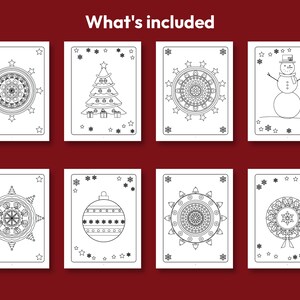May include: Eight black and white coloring pages featuring holiday themes including a Christmas tree, snowman, ornaments, wreaths, and mandalas. The text What's included is centered at the top. Each page has a rectangular border with stars and snowflakes.