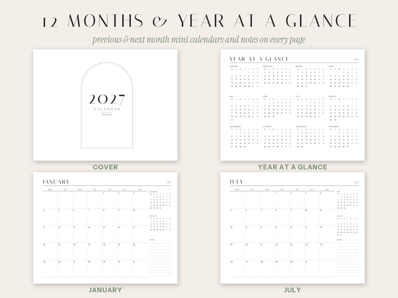 Minimalistisk landskapskalender 2027, start måndag/söndag, engelska/spanska (PDF) bild 2