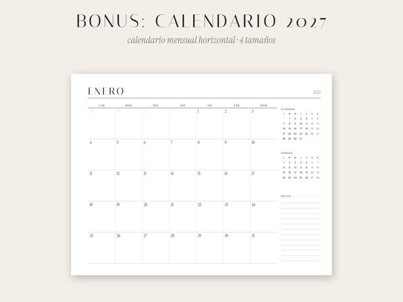 May include: A horizontal monthly calendar for January 2027 with a clean white background and black text. The layout includes a grid for dates, small reference calendars for December and February, and a lined section for notes on the right side.