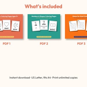 May include: Three digital sets of printable activity pages. The first set features toddler colouring pages with apple, heart, and moon designs. The second set includes numbers and shapes colouring pages. The third set contains mazes for kids.