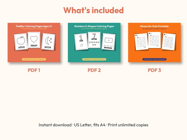 May include: Three digital sets of printable activity pages. The first set features toddler colouring pages with apple, heart, and moon designs. The second set includes numbers and shapes colouring pages. The third set contains mazes for kids.