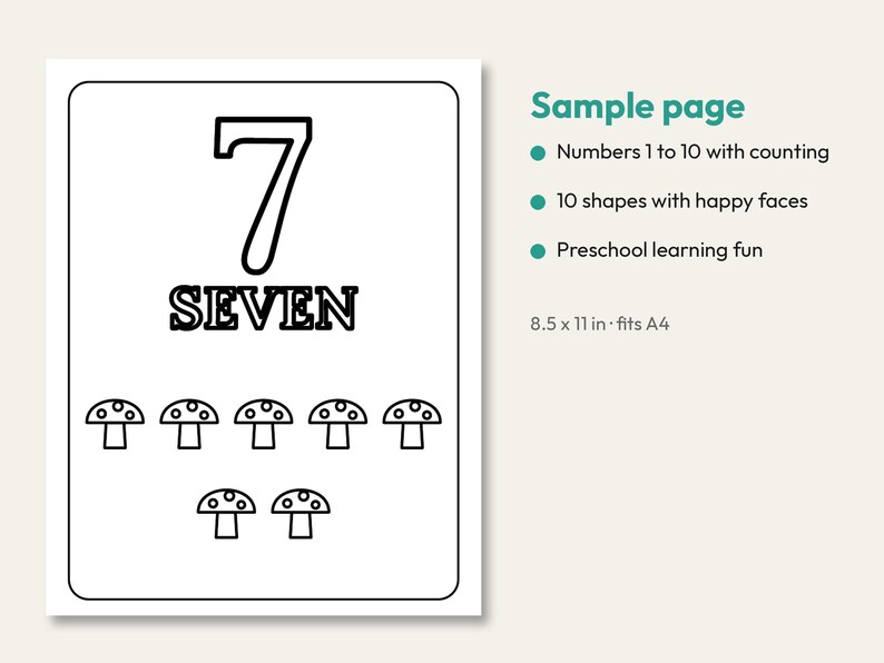 May include: A black and white printable colouring page featuring the number 7 and the word SEVEN in large outline font, accompanied by seven small mushroom illustrations. The text Sample page, Numbers 1 to 10 with counting, 10 shapes with happy faces, Preschool learning fun, and 8.5 x 11 in fits A4 are visible.
