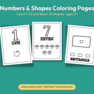 Puede incluir: P&aacute;ginas para colorear de n&uacute;meros y formas en PDF imprimible con el texto Count 1-10 and learn 10 shapes ages 3+. Tres p&aacute;ginas blancas muestran contornos negros del n&uacute;mero 1 con una manzana, el n&uacute;mero 7 con siete setas y un rect&aacute;ngulo.