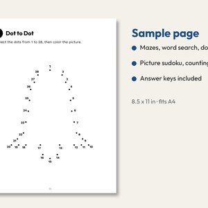 Puede incluir: Una p&aacute;gina de actividades blanca con un rompecabezas de puntos para unir en forma de campana numerado del 1 al 28. El texto dice 21 Dot to Dot, Connect the dots from 1 to 28, then color the picture. A la derecha lista caracter&iacute;sticas.