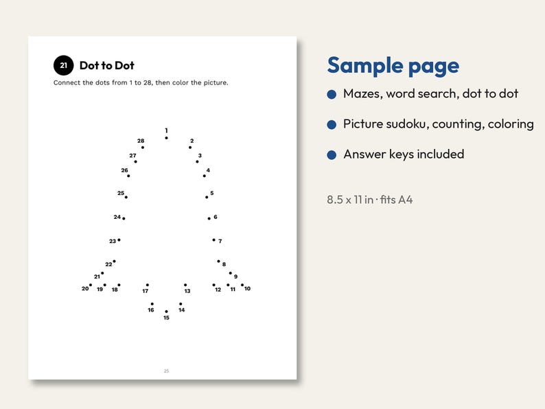 Puede incluir: Una p&aacute;gina de actividades blanca con un rompecabezas de puntos para unir en forma de campana numerado del 1 al 28. El texto dice 21 Dot to Dot, Connect the dots from 1 to 28, then color the picture. A la derecha lista caracter&iacute;sticas.