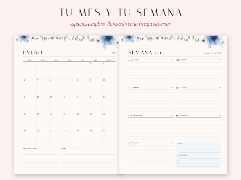 Puede incluir: Una disposici&oacute;n de agenda de dos p&aacute;ginas con un calendario mensual para enero y un horario semanal. Los bordes superiores est&aacute;n decorados con ilustraciones florales en acuarela azul. El texto incluye 'TU MES Y TU SEMANA', 'ENERO' y 'SEMANA 01'.