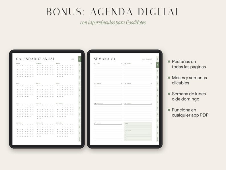 May include: A digital planner displayed on two screens, featuring an annual calendar on the left and a weekly schedule on the right. The text includes 'BONUS: AGENDA DIGITAL', 'CALENDARIO ANUAL', and 'SEMANA 01', with side tabs and bulleted feature lists.