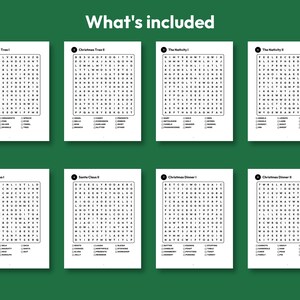 May include: Eight white sheets of paper featuring black text and word search puzzles titled Christmas Tree I, Christmas Tree II, The Nativity I, The Nativity II, Santa Claus I, Santa Claus II, Christmas Dinner I, and Christmas Dinner II.
