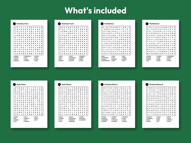 May include: Eight white sheets of paper featuring black text and word search puzzles titled Christmas Tree I, Christmas Tree II, The Nativity I, The Nativity II, Santa Claus I, Santa Claus II, Christmas Dinner I, and Christmas Dinner II.