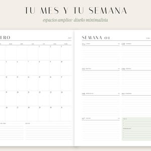 May include: A two-page planner spread featuring a monthly calendar for January on the left and a weekly schedule on the right. The text reads TU MES Y TU SEMANA, espacios amplios dise&ntilde;o minimalista, ENERO, and SEMANA 01 with daily lined sections.