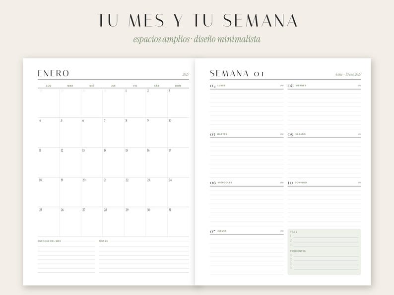 May include: A two-page planner spread featuring a monthly calendar for January on the left and a weekly schedule on the right. The text reads TU MES Y TU SEMANA, espacios amplios dise&ntilde;o minimalista, ENERO, and SEMANA 01 with daily lined sections.