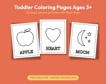 Puede incluir: Tres páginas rectangulares blancas para colorear con contornos negros sobre un fondo naranja. Las páginas muestran una manzana, un corazón y una luna con estrellas, etiquetadas como APPLE, HEART y MOON. El texto superior dice Toddler Coloring Pages Ages 3+ 35 big & simple pictures with thick lines.