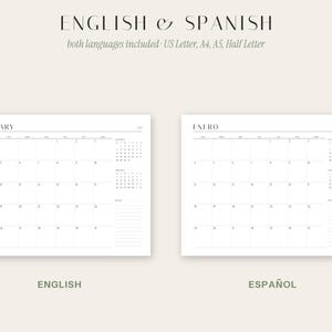 Minimalistisk landskapskalender 2027, start måndag/söndag, engelska/spanska (PDF) bild 3