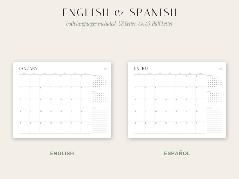 Minimalistisk landskapskalender 2027, start måndag/söndag, engelska/spanska (PDF) bild 3