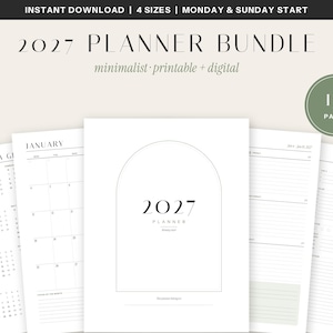 May include: A 2027 planner bundle featuring 131 pages with printable and digital options. The white pages display black text, including a year-at-a-glance calendar, monthly layouts, and daily planning sheets with an arched graphic design element.