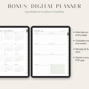 May include: A digital planner displayed on two screens featuring a Year at a Glance calendar and a weekly layout. The interface includes side tabs, clickable months and weeks, and supports Monday and Sunday starts. It is compatible with PDF applications.