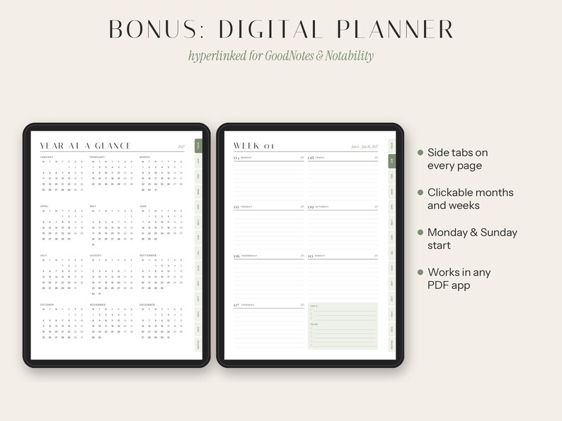 May include: A digital planner displayed on two screens featuring a Year at a Glance calendar and a weekly layout. The interface includes side tabs, clickable months and weeks, and supports Monday and Sunday starts. It is compatible with PDF applications.