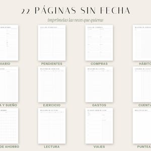 May include: A set of 22 undated planner pages featuring white paper with black text and grid lines. The collection includes templates for daily planning, to-do lists, shopping lists, habit tracking, water and sleep logs, exercise, expenses, accounts, savings challenges, reading, travel, and dot grid pages.