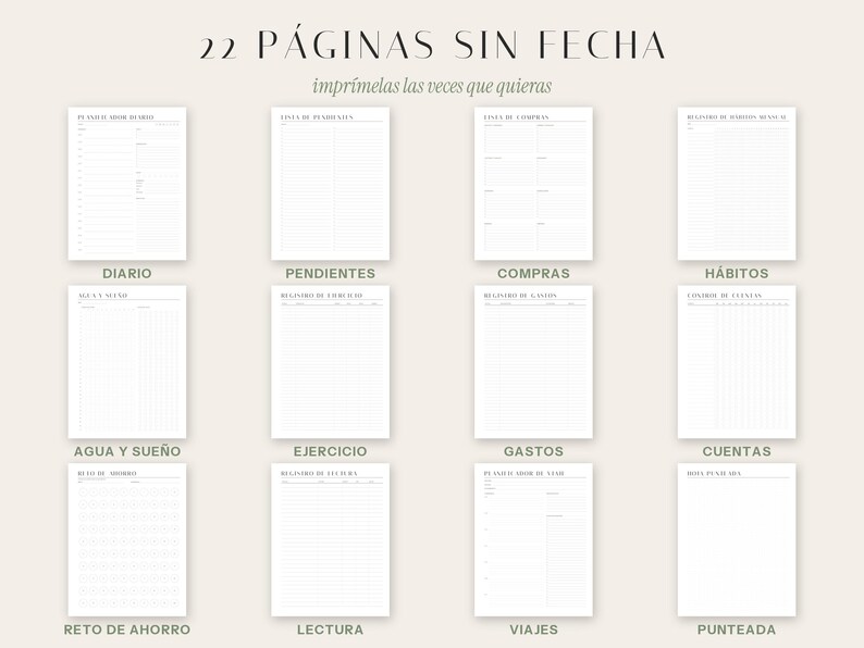 May include: A set of 22 undated planner pages featuring white paper with black text and grid lines. The collection includes templates for daily planning, to-do lists, shopping lists, habit tracking, water and sleep logs, exercise, expenses, accounts, savings challenges, reading, travel, and dot grid pages.