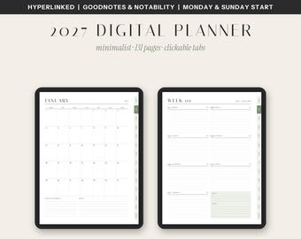 May include: A 2027 digital planner displayed on two screens, featuring a monthly calendar view for January and a weekly layout. The interface includes clickable tabs, 131 pages, and supports Monday and Sunday start options for Goodnotes and Notability.