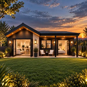 May include: A single-storey house with dark vertical cladding and a stone feature wall at sunset. The exterior includes a covered patio with two chairs, large glass doors opening into a living space, and a bedroom visible through a second doorway.